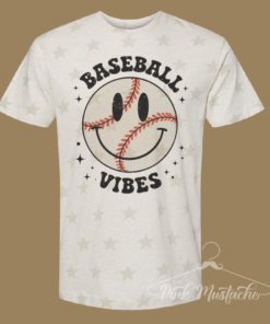 Baseball Vibes Smiley Retro Star Printed Tee -Unisex Adult Sized Baseball Shirt Softball Shirt Baseball Mom Tee