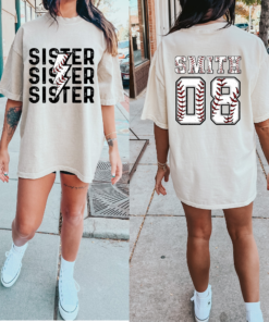 FrontBack Comfort Colors or Bella Canvas Baseball Sister Lightning Bolt With Name Tee Baseball Sister Shirt