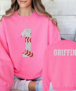 Safety Pink BackFront Custom Vintage Baseball Sweatshirt – Baseball Mom Baseball Girlfriend Baseball Fan Shirt with Number