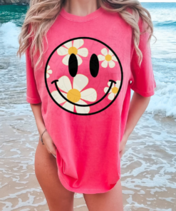 Watermelon Comfort Colors Daisy Smiley Face Tee Quality Retro Tee  Summer Cover Ups
