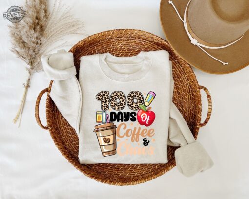 100 Days Of Coffee And Chaos Sweatshirt 100Th Day Of School Leopard Teacher Sweater Gift For Teachers Back To School Shirt Teacher Tee Unique