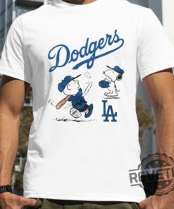 Charlie Brown And Snoopy Playing Baseball Los Angeles Dodgers Mlb T Shirt Hoodie Sweatshirt Tee Gift For Fan Crewneck Long Sleeve Shirts Unique