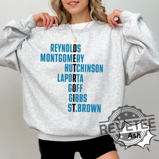 Destroit Lions Football Players Tshirt Hoodie Sweatshirt Reynolds Montgomery Hutchinson Laporta Goff Gibbs St Brown Crewneck Unique