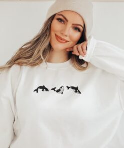 Embroidered Trio Of Orcas Sweatshirt Orcas Shirt Embroidered Whale Shirt Gift For Her Yin Yang Fish Shirt Hammerhead Shark Tee Unique