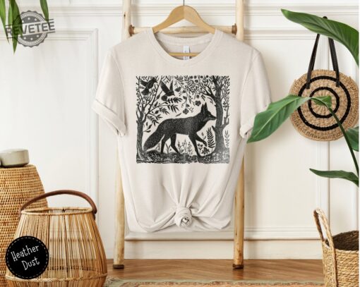 Folklore Forest Fox Lino Print Shirt Vintage Forestcore Shirt Folk Art Linocut Fox Shirt Cottagecore Aesthetic Tee Unique