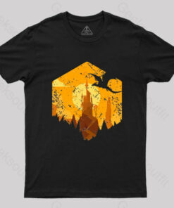 Dragon Flying Over Tall Castle Sunset T-Shirt