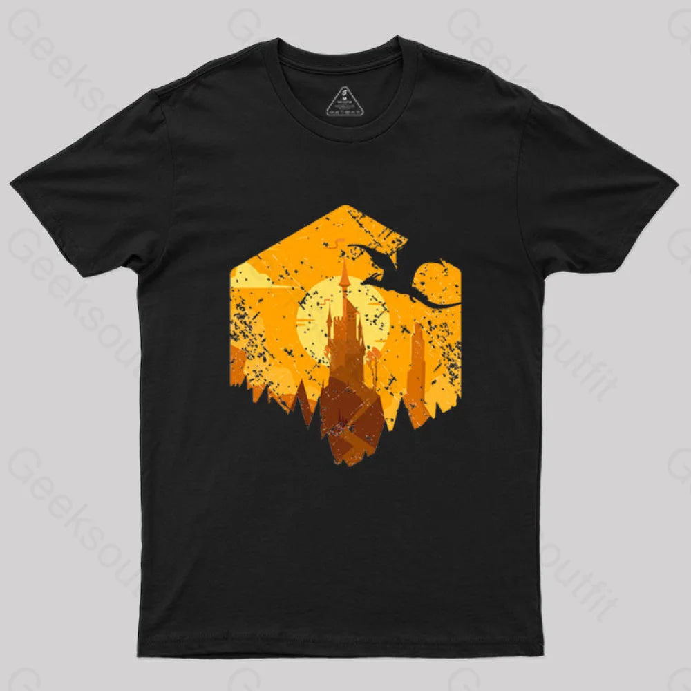 Dragon Flying Over Tall Castle Sunset T-Shirt Dragon Flying Over Tall Castle Sunset T-Shirt