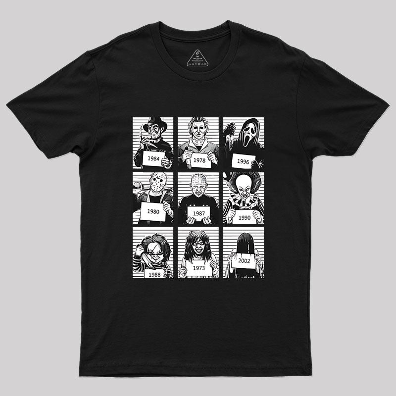 Halloween Mug Shot Horror Movie Character Geek T-Shirt Halloween Mug Shot Horror Movie Character Geek T-Shirt