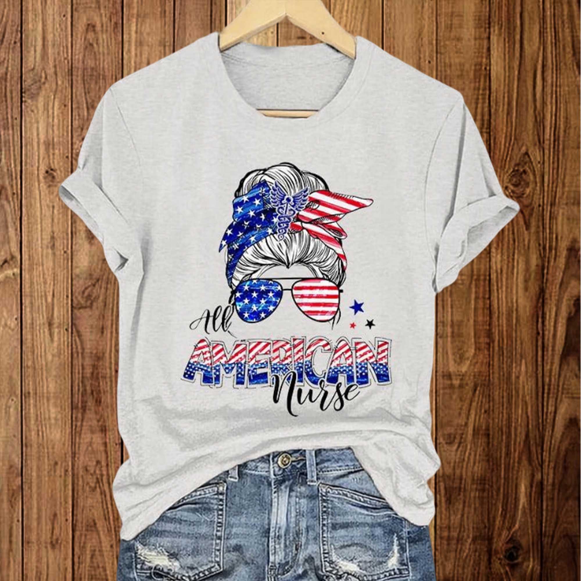 American Patriotic Nurse Messy Bun Shirt American Patriotic Nurse Messy Bun Shirt