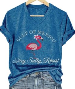 Flamingo Gulf Of Mexico Stay Salty Resist Printed V Neck T Shirt 3