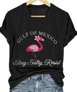 Flamingo Gulf Of Mexico Stay Salty Resist Printed V Neck T Shirt 4