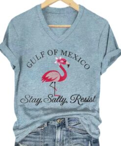 Flamingo Gulf Of Mexico Stay Salty Resist Printed V Neck T Shirt 5