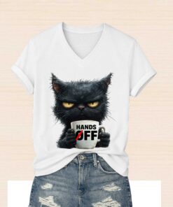 Hands Off Black Cat V-Neck T-Shirt