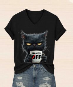 Hands Off Black Cat V-Neck T-Shirt