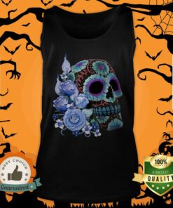 Blue Floral Black Sugar Skull Day Of The Dead Shirt