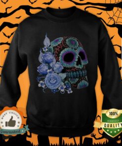 Blue Floral Black Sugar Skull Day Of The Dead Shirt 3