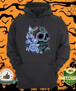 Blue Floral Black Sugar Skull Day Of The Dead Shirt 4