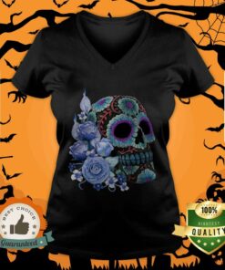 Blue Floral Black Sugar Skull Day Of The Dead Shirt 5