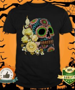Yellow Floral Black Sugar Skull Day Of The Dead Shirt